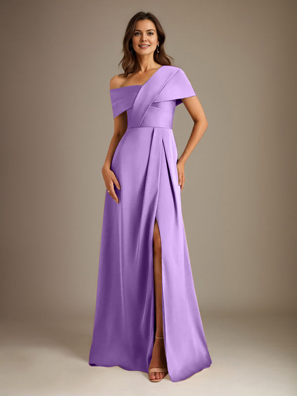 A-Line Asymmetrical Neckline Floor-Length Satin Mother of the Bride Dress With Pleated