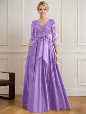 A-line V-Neck Floor-Length Satin Lace Mother of the Bride Dress With Sequins Bow