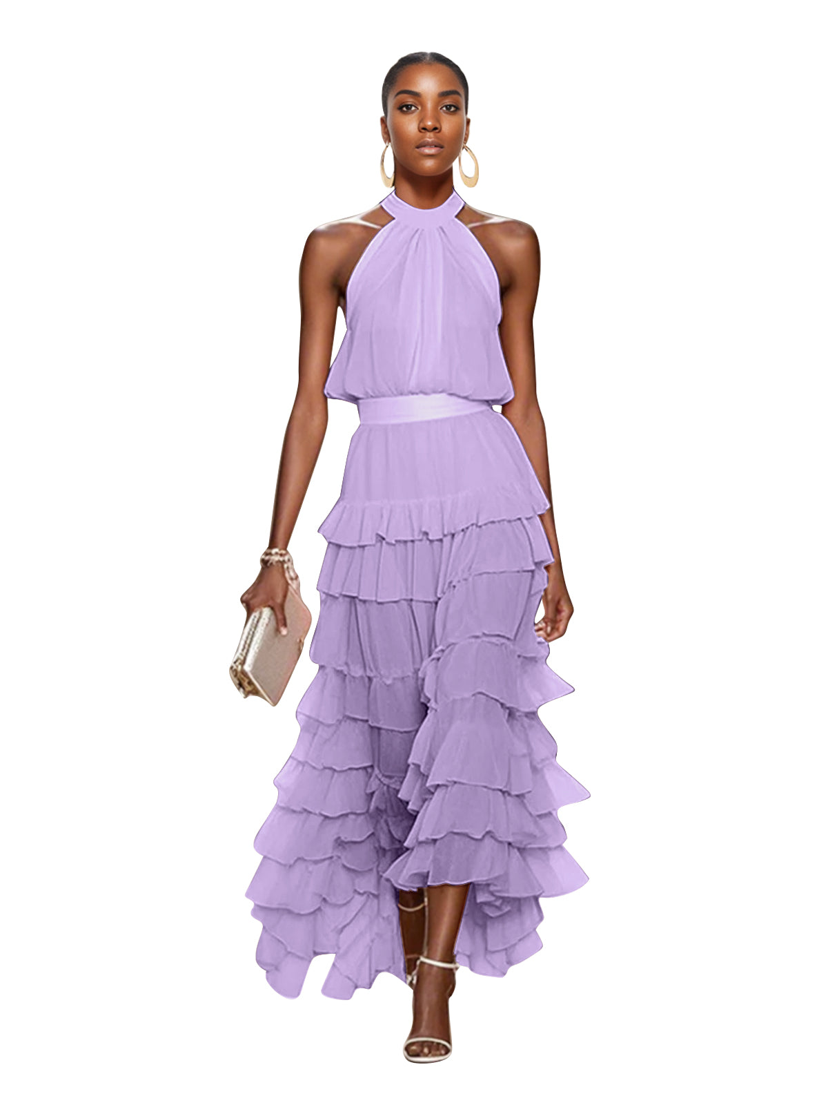 A Line Pink Chiffon Halter Neck Sleeveless Ankle Length Dress With Cascading Ruffles