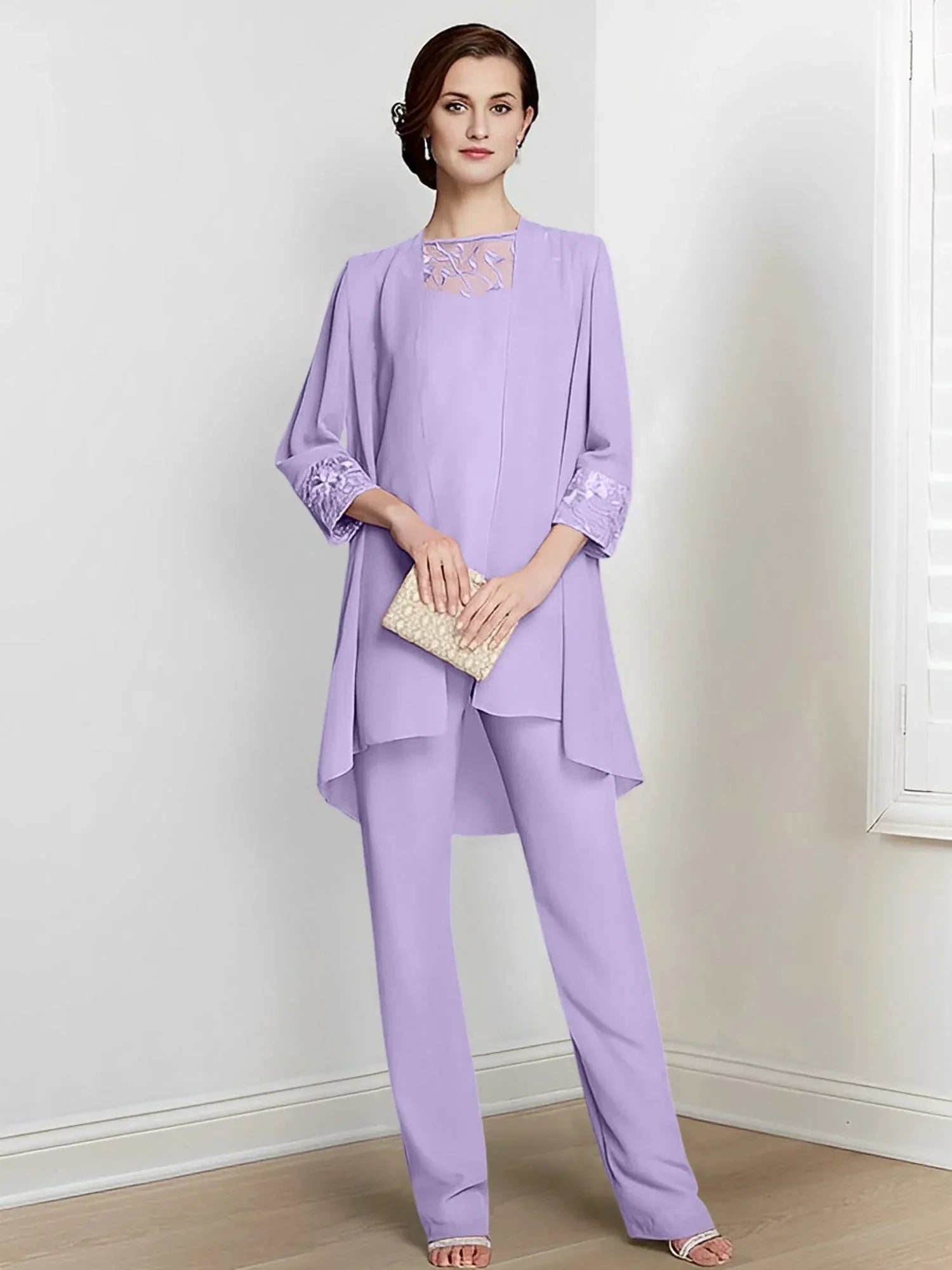 Tailleur-pantalon en mousseline à manches longues pour mère de la mariée avec veste 