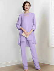 Tailleur-pantalon en mousseline à manches longues pour mère de la mariée avec veste 