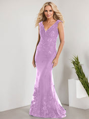 A-line V-Neck Floor-Length Lace Chiffon Mother of the Bride Dress With Applique Sequins Mermaid Dresses
