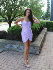 Light Blue Spaghetti Straps Sequin Short Homecoming Dress with Crystals