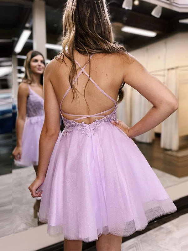 Lilac A-Line Lace Up Tulle Homecoming Dress With Appliques