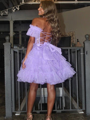 Lilac A-Line Off The Shoulder Lace Up Short Tulle Homecoming Dress