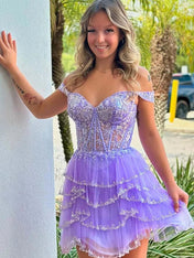 Lilac A-Line Short Tiered Homecoming Dress With Appliques