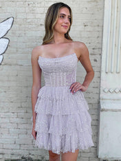 Lilac A-Line Strapless Zipper Back Tiered Tulle Homecoming Dress