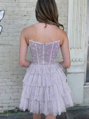 Lilac A-Line Strapless Zipper Back Tiered Tulle Homecoming Dress