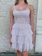 Lilac A-Line Strapless Zipper Back Tiered Tulle Homecoming Dress