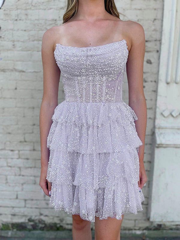Lilac A-Line Strapless Zipper Back Tiered Tulle Homecoming Dress