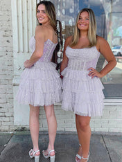 Lilac A-Line Strapless Zipper Back Tiered Tulle Homecoming Dress