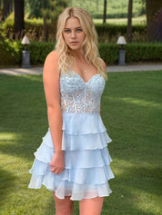 Lilac A-Line Sweetheart Short Tiered Lace Top Homecoming Dress