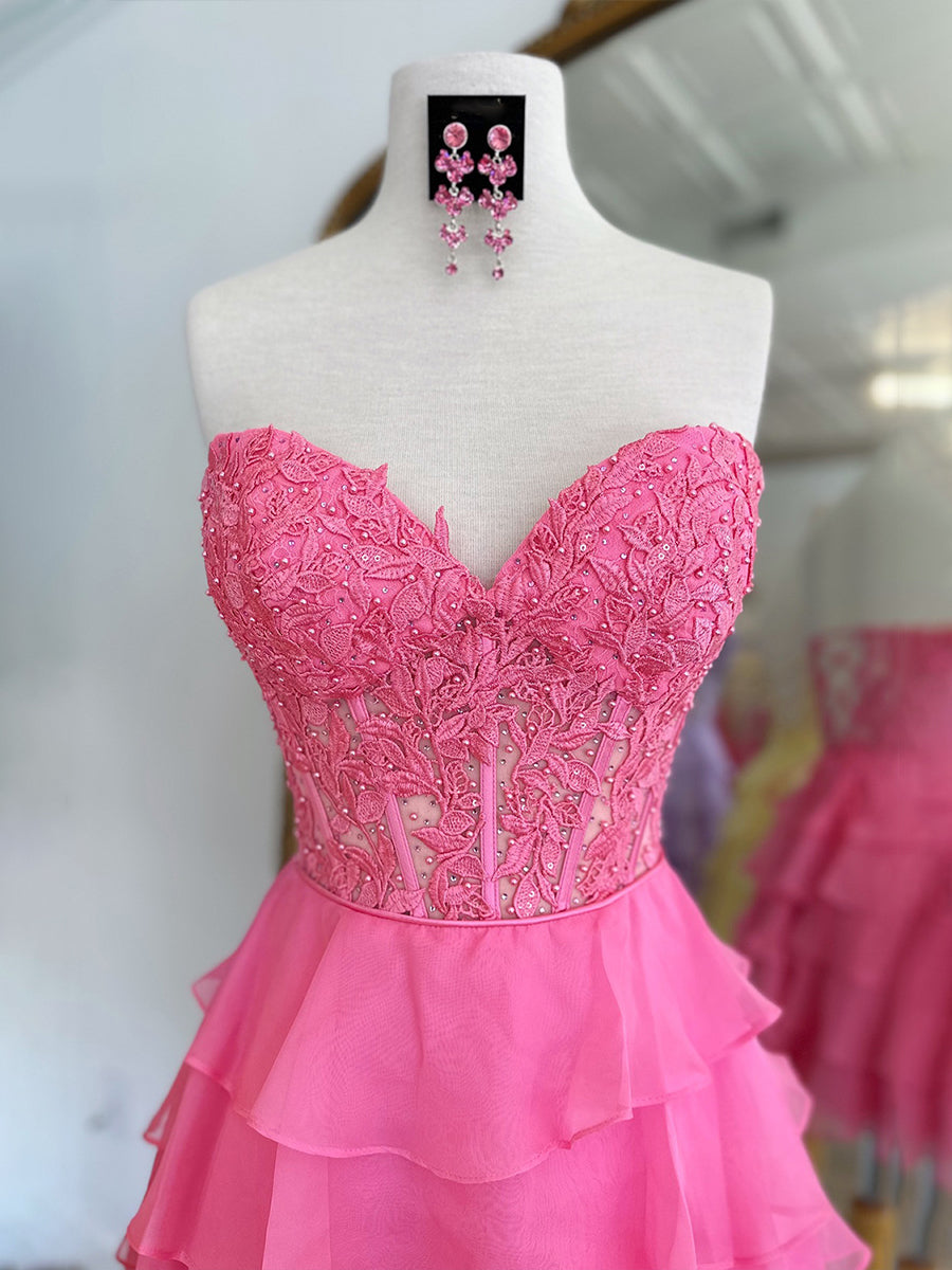 Lilac A-Line Sweetheart Short Tiered Lace Top Homecoming Dress