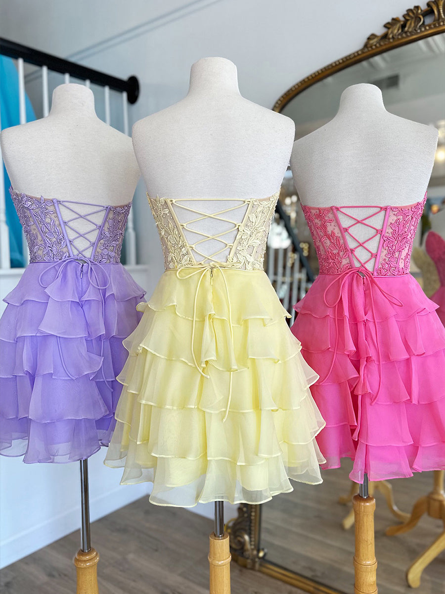 Lilac A-Line Sweetheart Short Tiered Lace Top Homecoming Dress