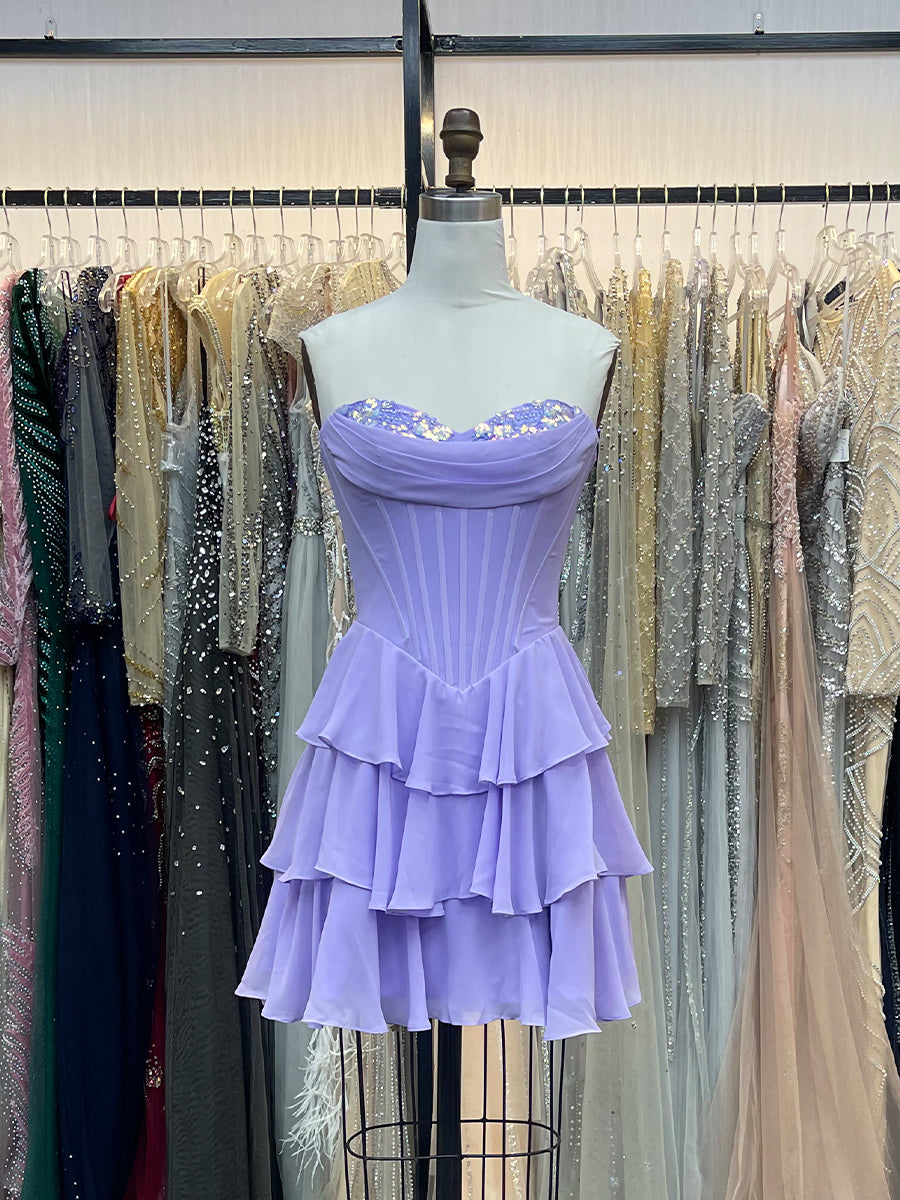 Lilac A Line Short Corset Homecoming Dress with Ruffles