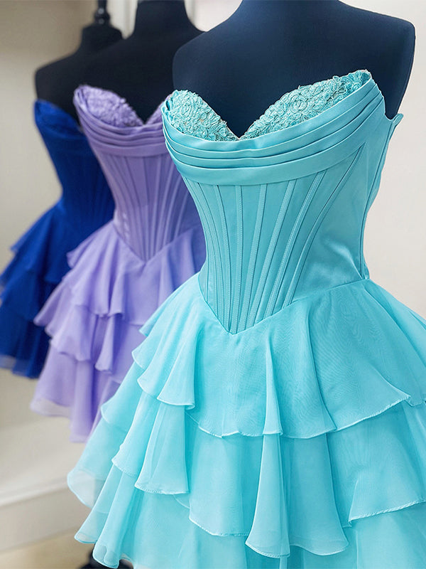 Lilac A Line Strapless Short Corset Homecoming Dress with Ruffles
