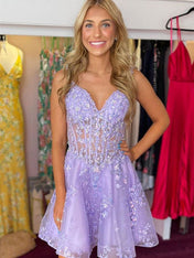 Lilac A Line V Neck Lace Short Homecoming Dress