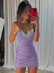 Lilac Beaded V Neck Corset Bodice Homecoming Dress