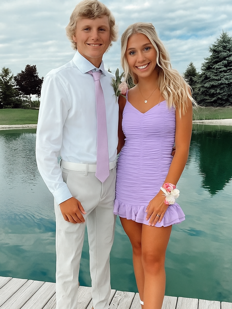 Lilac Cute Sheath Satin Short Homecoming Dress with Ruffles