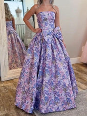 Lilac Floral A Line Strapless Long Prom Dress with Bow