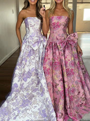 Lilac Floral A Line Strapless Long Prom Dress with Bow