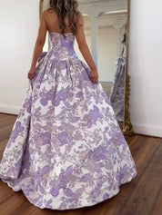 Lilac Floral A Line Strapless Long Prom Dress with Bow