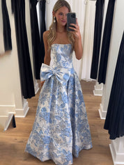 Lilac Floral A Line Strapless Long Prom Dress with Bow