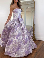 Lilac Floral A Line Strapless Long Prom Dress with Bow