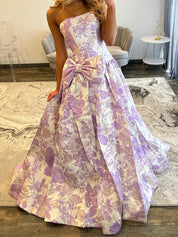 Lilac Floral A Line Strapless Long Prom Dress with Bow