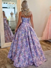 Lilac Floral A Line Strapless Long Prom Dress with Bow