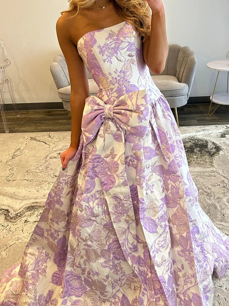 Lilac Floral A Line Strapless Long Prom Dress with Bow