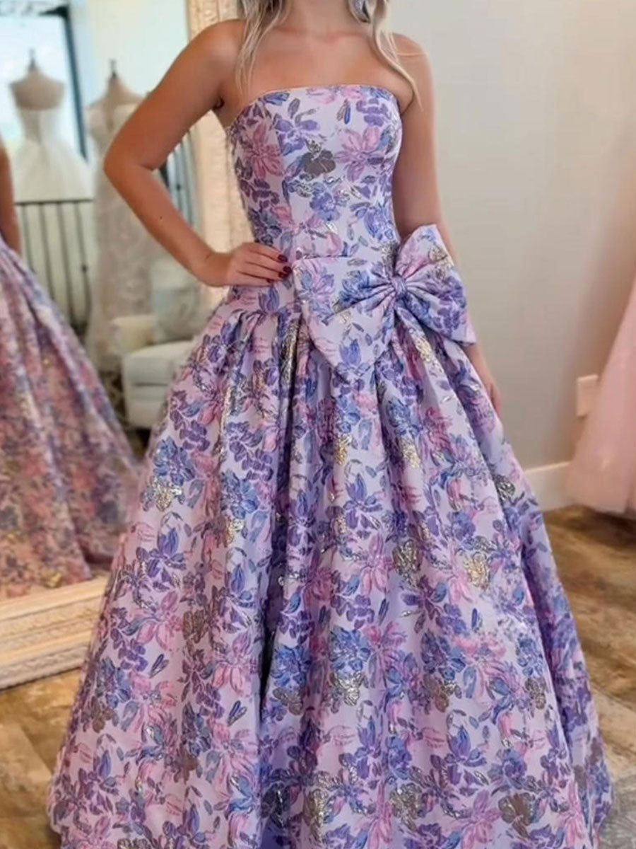 Lilac Floral A Line Strapless Long Prom Dress with Bow