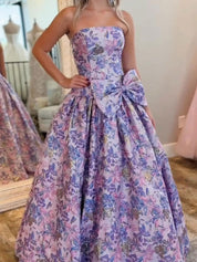 Lilac Floral A Line Strapless Long Prom Dress with Bow