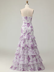 Lilac Flower Mermaid Strapless Tiered Print Long Prom Dress with Ruffles
