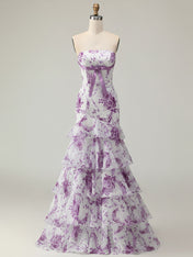 Flower Mermaid Strapless Tiered Print Long Prom Dress with Ruffles