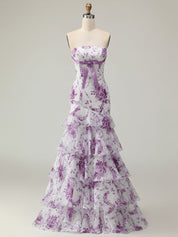 Lilac Flower Mermaid Strapless Tiered Print Long Prom Dress with Ruffles