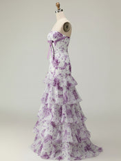 Lilac Flower Mermaid Strapless Tiered Print Long Prom Dress with Ruffles