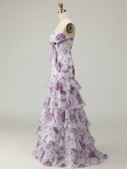 Lilac Flower Mermaid Strapless Tiered Print Long Prom Dress with Ruffles