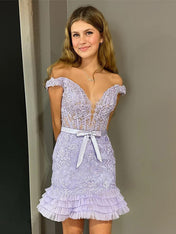 Lilac Off The Shoulder Tight Lace Homecoming Dress with Belt