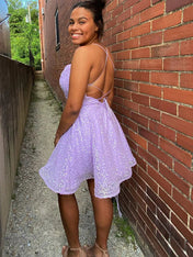 Lilac Sequins Cowl Neck Homecoming Dress with Criss Cross Back
