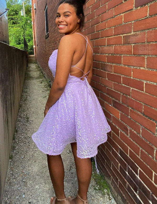 Lilac Sequins Cowl Neck Homecoming Dress with Criss Cross Back