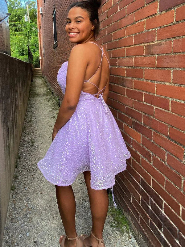 Lilac Sequins Cowl Neck Homecoming Dress with Criss Cross Back