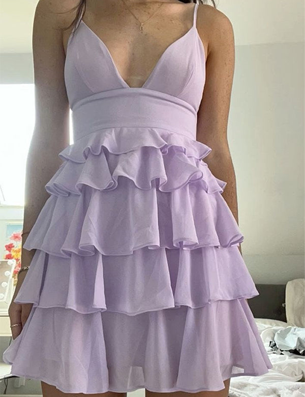 Lilac Spaghetti Straps V-Neck Tiered Chiffon Short Homecoming Dress