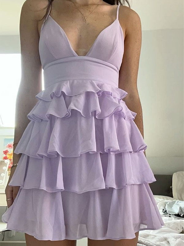 Lilac Spaghetti Straps V-Neck Tiered Chiffon Short Homecoming Dress