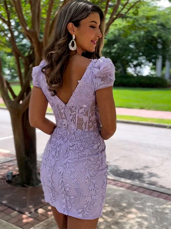 Lilac Square Neck Short Homecoming Dress With Appliques