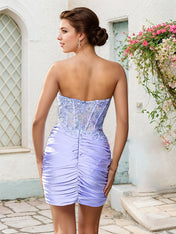 Lilac Strapless Lace Sheer Bodice Short Homecoming Dress