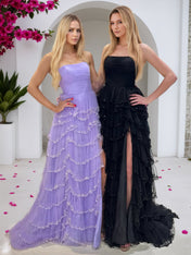 Glitter Light Blue A-Line Strapless Tulle Long Prom Dress with Ruffled Skirt