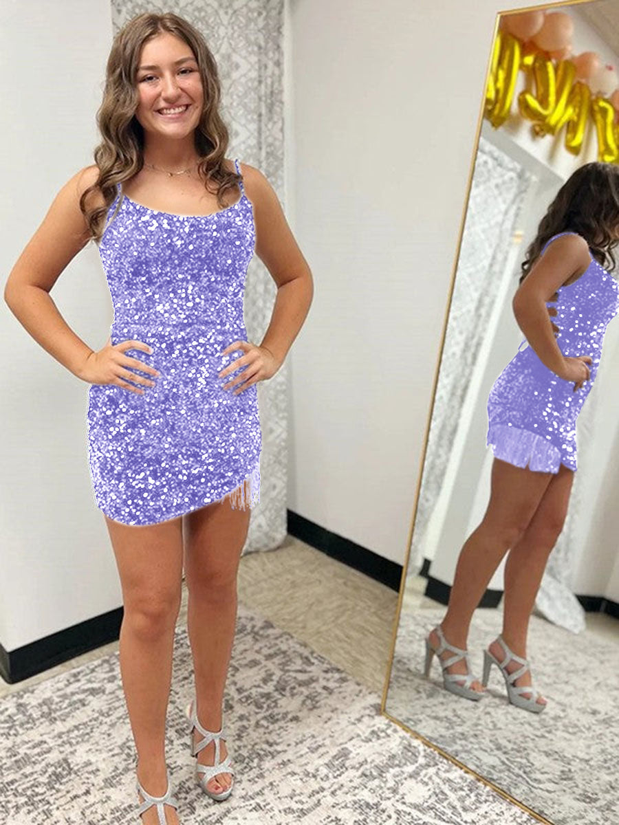 Royal Blue Fitted Spaghetti Straps Short Sequin Homecoming Dress