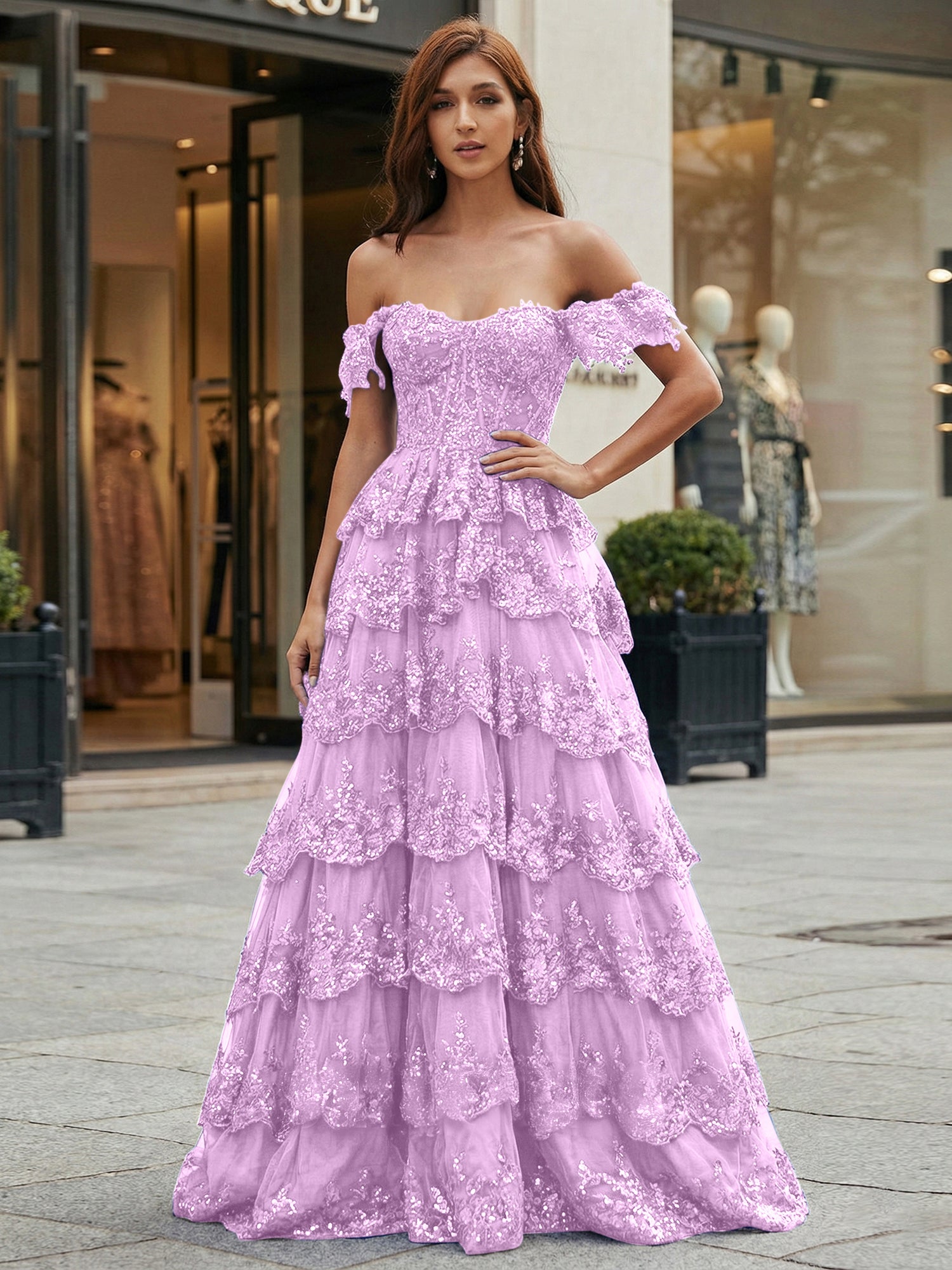 Royal Blue Off-the-Shoulder Sequin Lace Tiered Corset Prom Dress