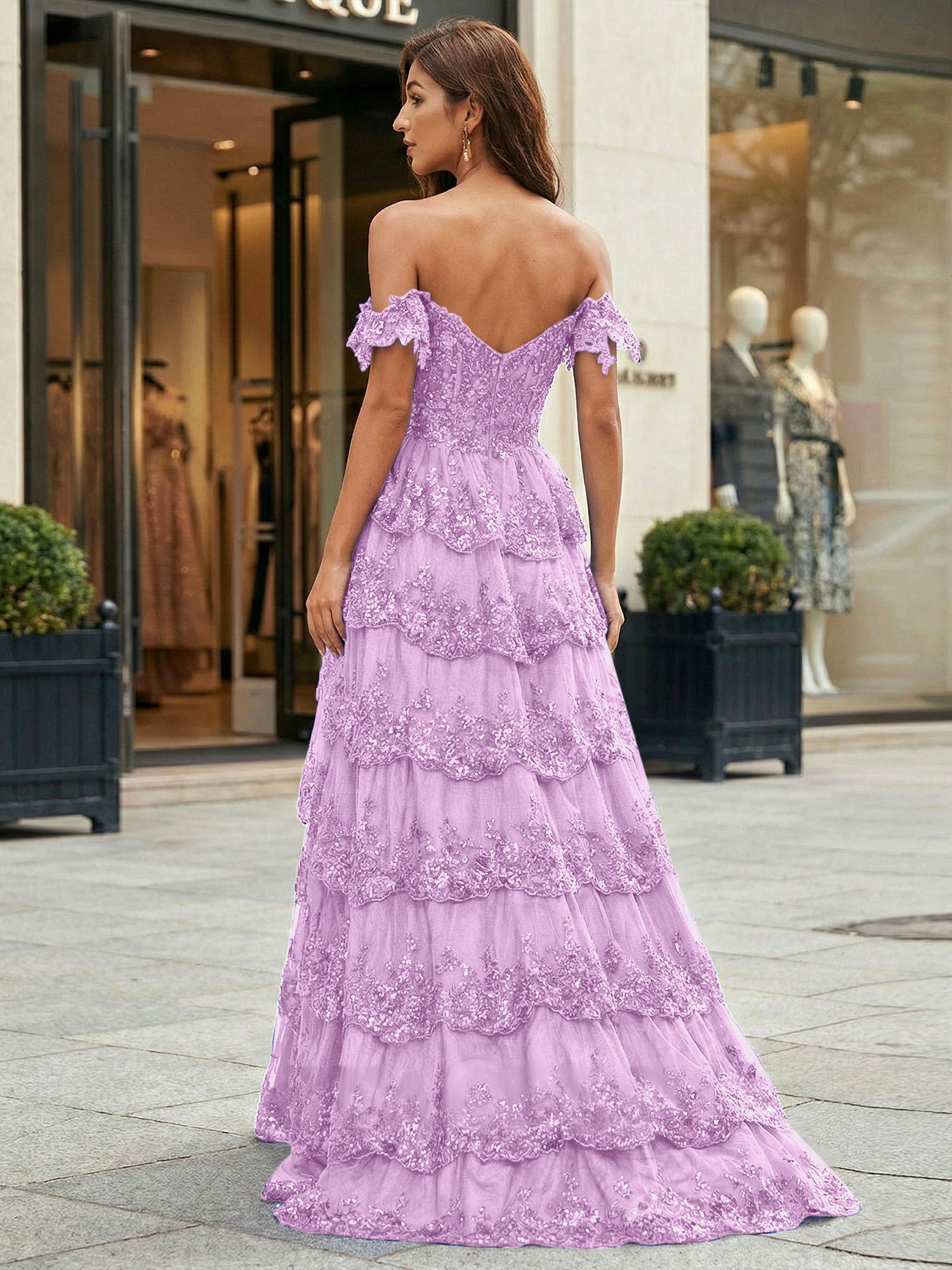 Royal Blue Off-the-Shoulder Sequin Lace Tiered Corset Prom Dress